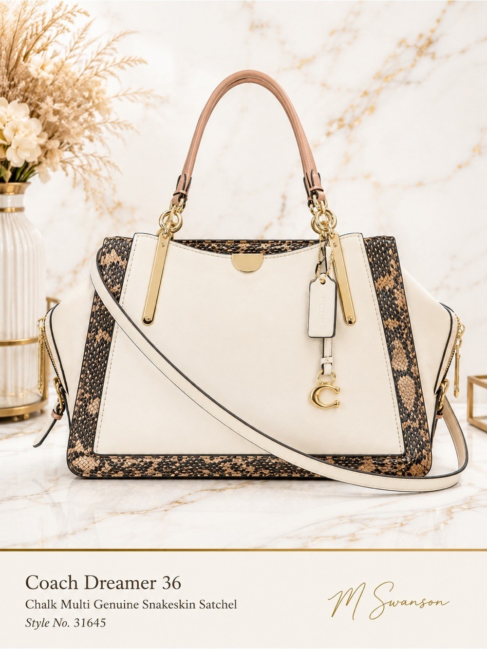Coach Dreamer 36 Chalk Multi Genuine Snakeskin Satchel 31645
